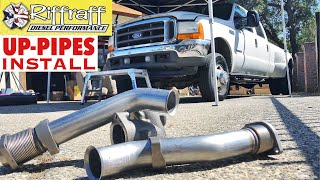 2001 F350 73  RiffRaff UpPipes Install  Stock up pipes leaking and falling apart JUNK SP [upl. by Shaefer770]